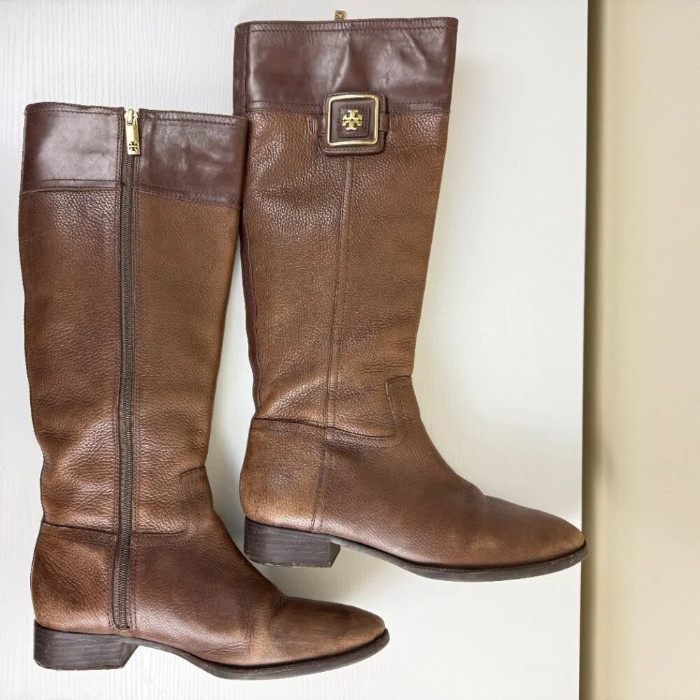 Tory Burch Julian Brown Pebbled Leather Tall Riding Boots - Picture 5 of 15